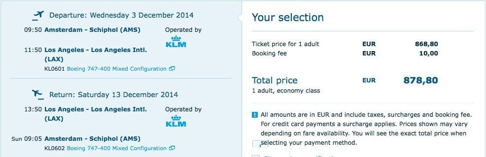 AMS-LAX-AMS pricing KLM.COM