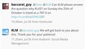 KLM Tweet #2 Questioning 789 on 25th October