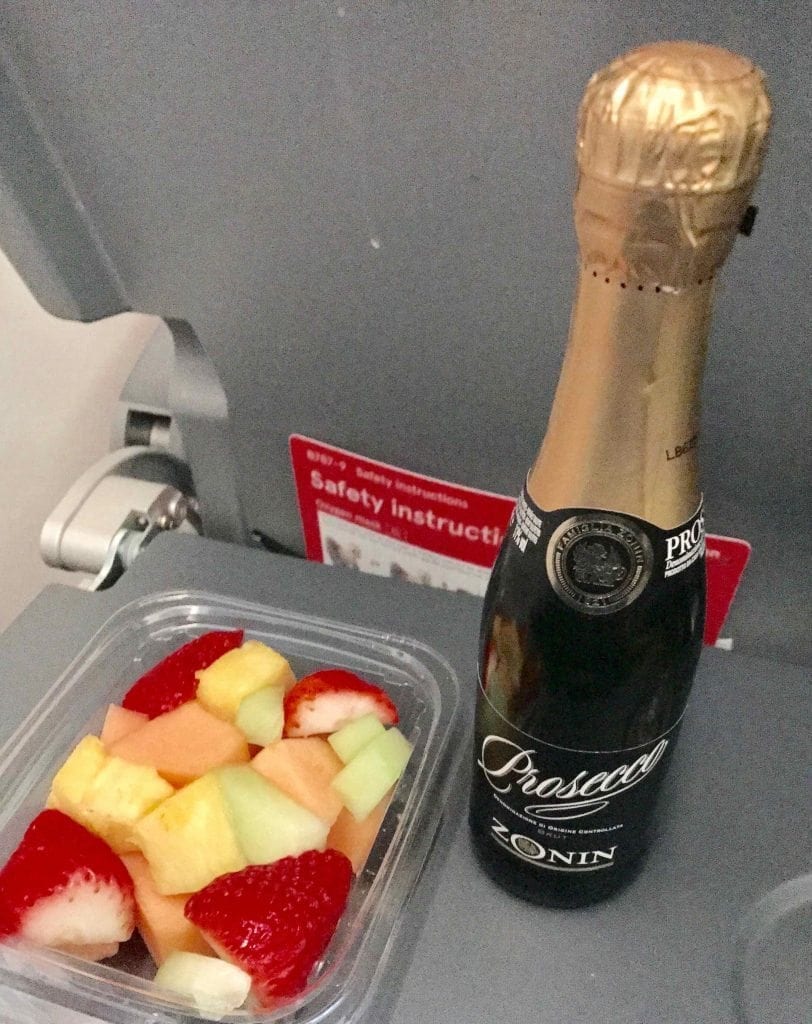 99 bucks BOS LGW Dreamliner Food and Beverage Prosecco and Fruit