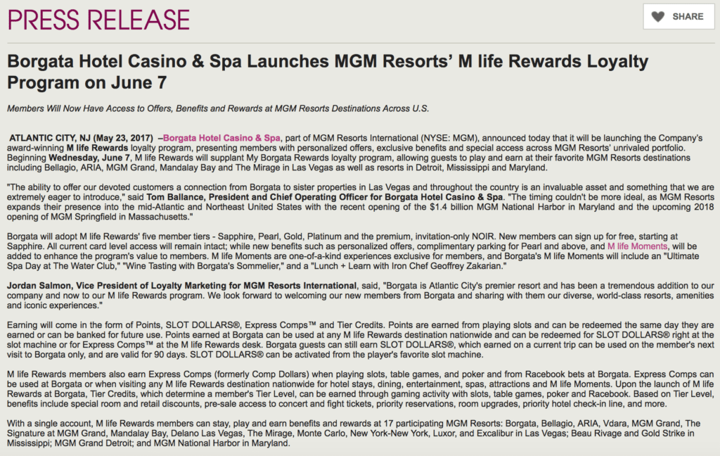 Atlantic City MGM Borgata Press Release