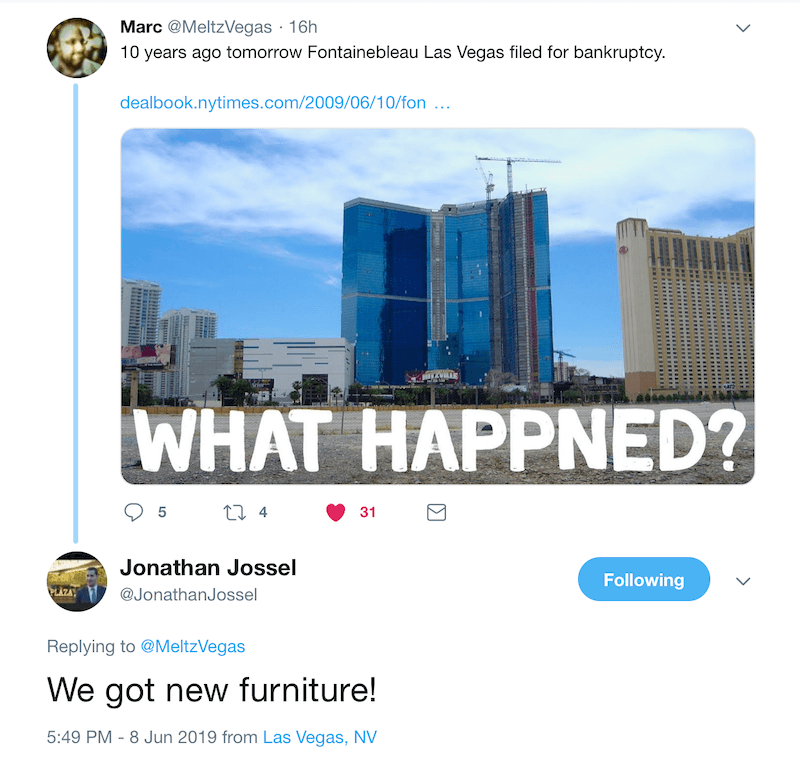 Plaza Las Vegas got Fontainebleau furniture tweet Jossel