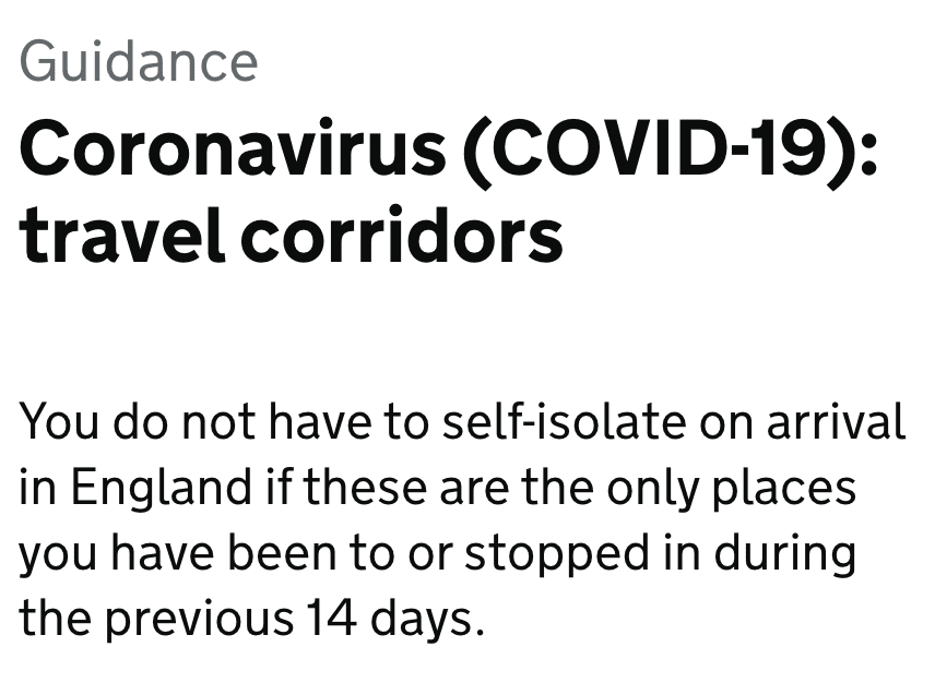 Travel Corridors - Do Not Self Isolate