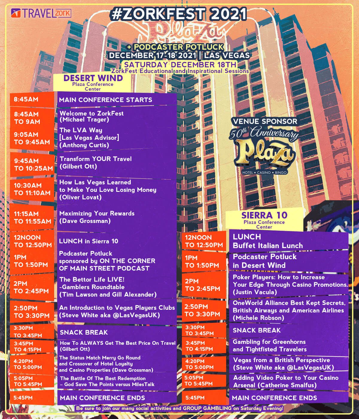 ZorkFest Casino Travel Gambling Loyalty Conference - Plaza Hotel Casino Las Vegas - Main Conference Schedule 2021